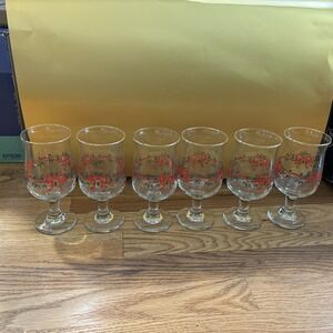 Set of 6 Christmas Holly Bow Goblets Glasses Red Green Holly Festive Drinkware